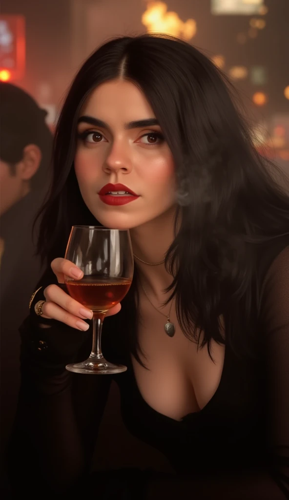 Woman smoking and drinking at a bar at night。
Black hair bob breast flash

