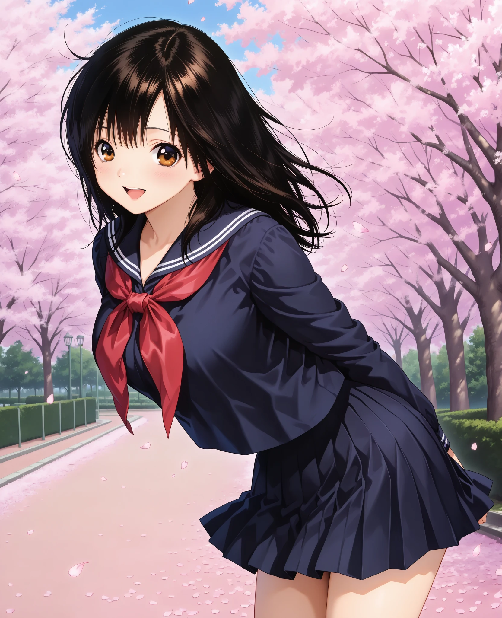 masterpiece, best quality, highres, ichigoaya, solo, school uniform, serafuku, black sailor collar, red neckerchief, black shirt, black skirt, <lora:toujou_aya_v1:0.7>, from behind, (wind lift:1.2), panties, pantyshot, :o, looking at viewer, cherry blossoms, strawberry panties, strawberry print,