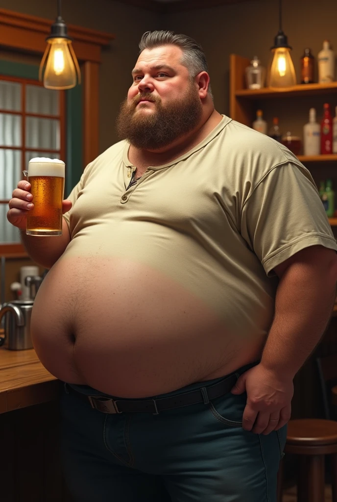 Hairy older male, stocky, round beer gut, massive belly, round gut, hairy belly,