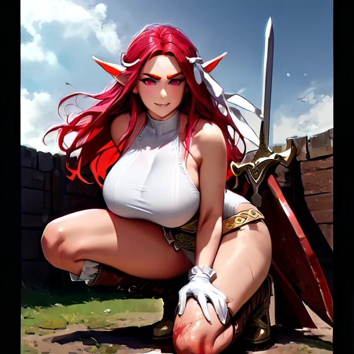 sorceress. sexy white robe, red hair, blank background, elf, holding a dagger