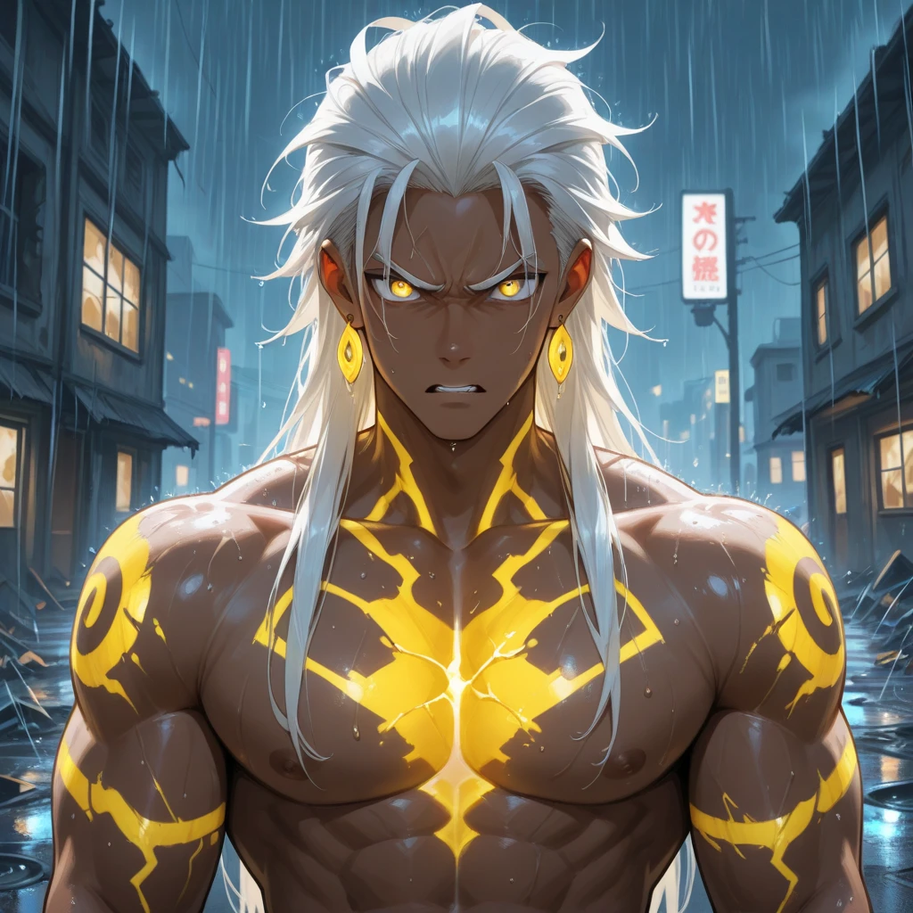 Anime, 2D Japanese fantasy anime style, ebony skin man, bright white eyes, bright white long hair, white goatee, muscular, shirtless, kung fu master pants, god, standing on the fertile ground, god of lightning, golden dragon tattoo, black sheet covered his back and head. White Magic,