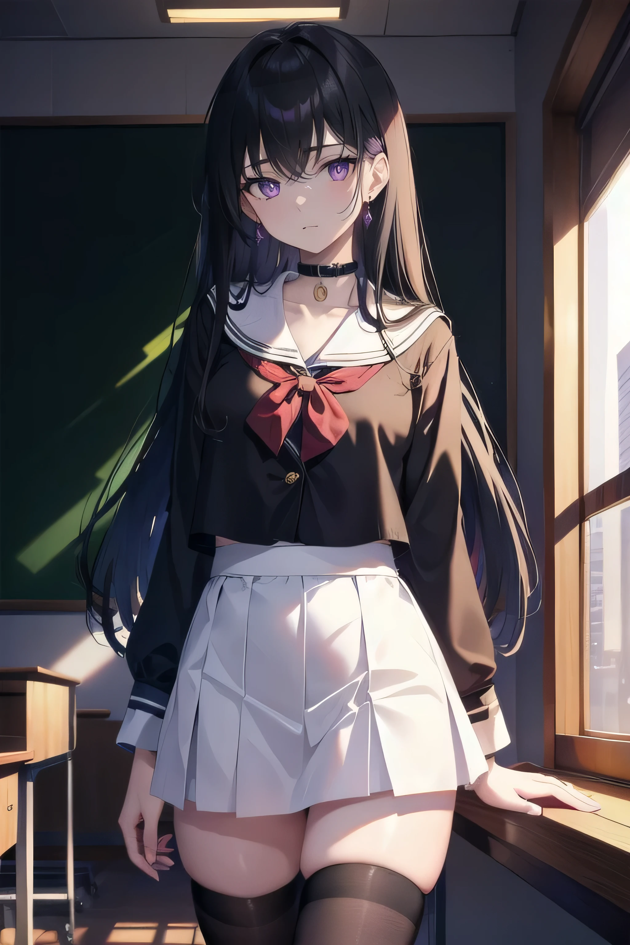 (masterpiece), (best quality), ultra detailed, finely detailed color, cenematic painting, anime lady, model, ((one lady)), 20-years-old, cute face, black hair, semi long hair, straight hair, standing, chocker, black blazer, white blouse, highschool uniform, thigh-high socks, emotionless, slender body, small chest, urban, classroom background