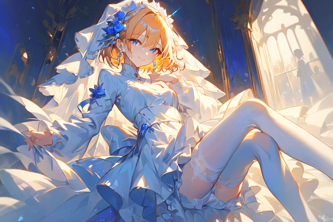 Single female, short hair, Light orange hair、 （（ White Long Sleeve Stockings））、Skinny Stockings、High Quality Stockings、White Veil 、bride、bride、wedding dress、Beautiful Attractive Woman、環狀 Earrings,  Earrings, blue eyes、Smile 、（ very pretty eyes）、masterpiece、 clear、Soft picture、Gentle light、Lace Stockings