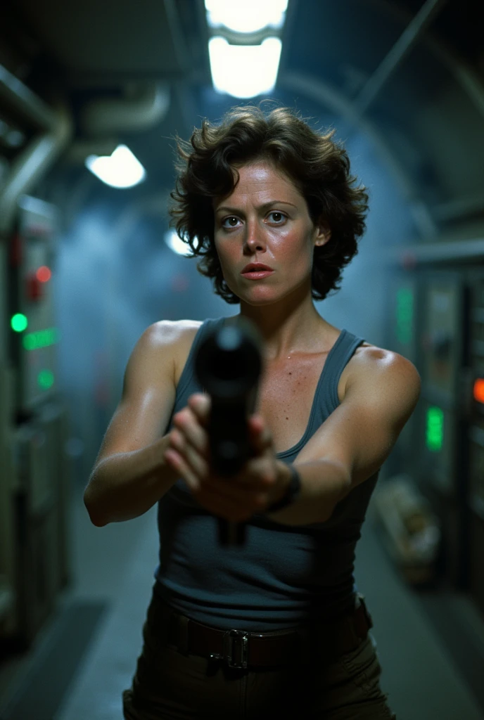 ((Xenomorph alien)) alien movie ((ellen ripley))  a woman 30 years hold wearing ((small white panties and white tight vest top)), brown wavy curly hair, hourglass body,  perfect hands perfect body perferct eyes, location in a futuristic space ship, big breast, cowboy shot position, mid distance shot, sensual look, extremely detailed, ultra-realistic,  cinematic lighting, realistic light