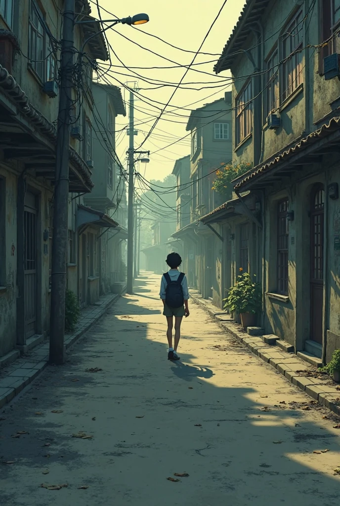 Kowloon City、Back alley、(Wet ground)、((Delicate depiction))、pipes、duct、electric wires、signboard、plein air, tag, simple background, blue open sky, shorth hair, one girls、((a beauty girl))、Skysky, looking at the viewers, stairway, Moody lighting,