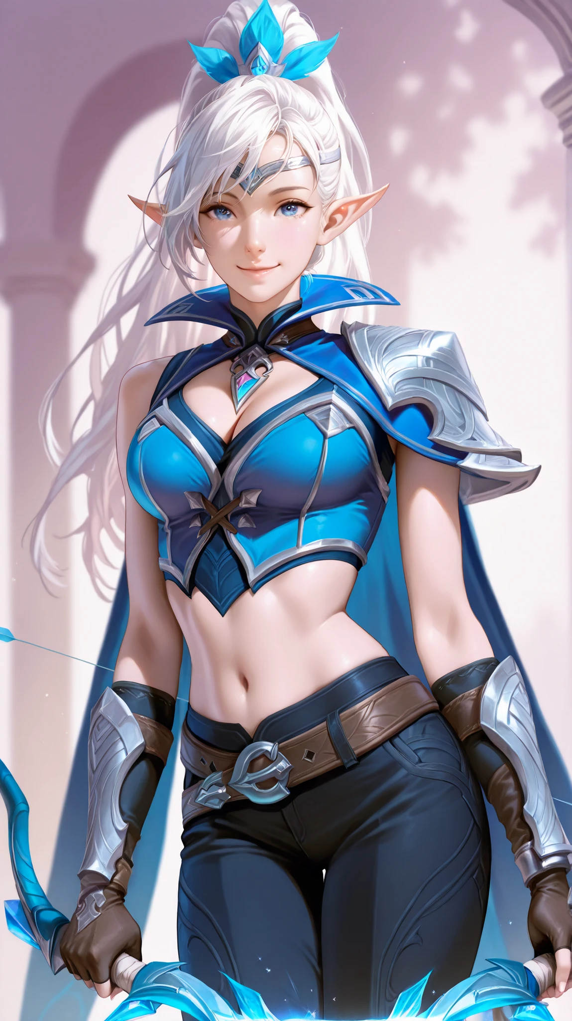 masterpiece, best quality, ultra-detailed, absurdres, newest,1girl, solo, miyadefault, white hair, long hair, blue eyes, elf, pointy ears, ponytail,
armor, blue cape, midriff, navel, belt, black pants, cleavage, beautiful face, charming smile, gentle expression, sparkling blue eyes, soft lighting, smooth skin, perfect shading, holding bow (weapon), looking at viewer
simple background, blurred background, soft pastel colors, clean composition, natural pose, relaxed shoulders, elegant posture, delicate hands, fingerless gloves(semi realistic)