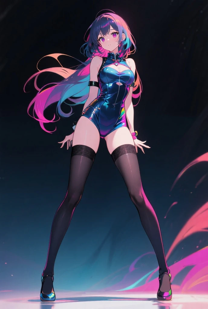 female, blue messy long hair, hazel eyes, dark skin, (((1girl))), (((blue and black minidress with pink trim))), (blue fingerless gloves), (black thigh high heeled boots), cute and sexy, full body, modest breasts, long legs, smirking