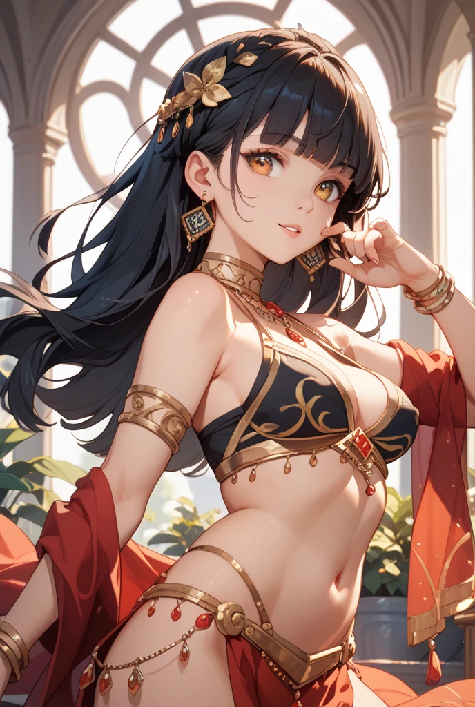 Amidst the vibrant backdrop of an exotic Indian village, an anime-styled girl is gracefully posing. She is adorned in traditional Indian attire, the bright colors and intricate patterns of her saree and henna designs shining under the warm, golden sun (1:2). Her long, black hair flows freely around her shoulders, framing her delicate, beautiful face. Her eyes, as large and expressive as the moon, seem to shimmer like lotus flowers in full bloom.
The rich details of her clothing and the intricate beadwork are brought to life in stunning, high-definition RAW color photography (Best Quality). The crisp, masterpiece-worthy
