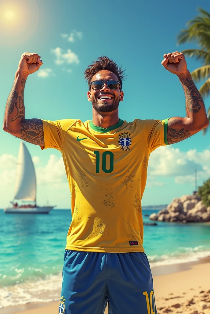 young, beautiful, elegant, white, skinny, elegant shirtless face standing, ,sin remera en la playa boxr verde amarillo azul de color de bandera brasil playera con una pelota en la mano mientras muchos publico le aplaude y celebra con muchas burbuja en su alrrededor pasarela masculina hombre guapo piel white