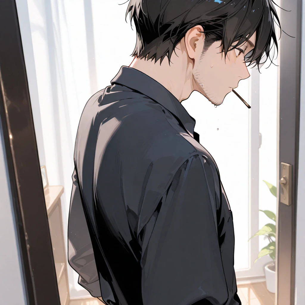 A young man with black hair, blue eyes, a black suit stood with his back turned half-face smoking a cigarette in his room at night.