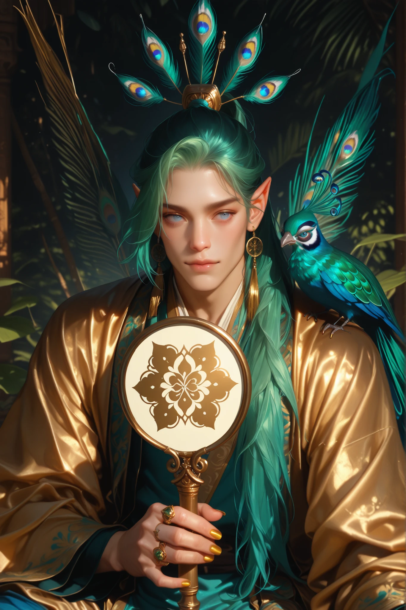 (High quality CT,4K,High resolution,main part:2.3),Very detailed,realistic:1.37,Best quality,masterpiece, high resolution,on_body, Tyndall effect,photorealistic, edge lighting, Two-color backlight,(high definition of skin:2.3), (8K UHD, DSLR quality, soft lighting, high quality, surround lighting, sincere, de 8K , 4k, 8K.) (male character/male bodybuilding) Background: Temples among the jungle. The harpy beastman. The young man has long straight loose green hair combeded to one side, peacock feathers are woven into his hairstyle. violet and blue eyes. pointed ears. He has emerald peacock bird wings and a bright green peacock bird tail. He has gold nails and rings on his fingers. He is dressed in a men's emerald-gold Hanfu robe decorated with embroidery of turquoise and blue feathers. He has a golden fan in his hand.