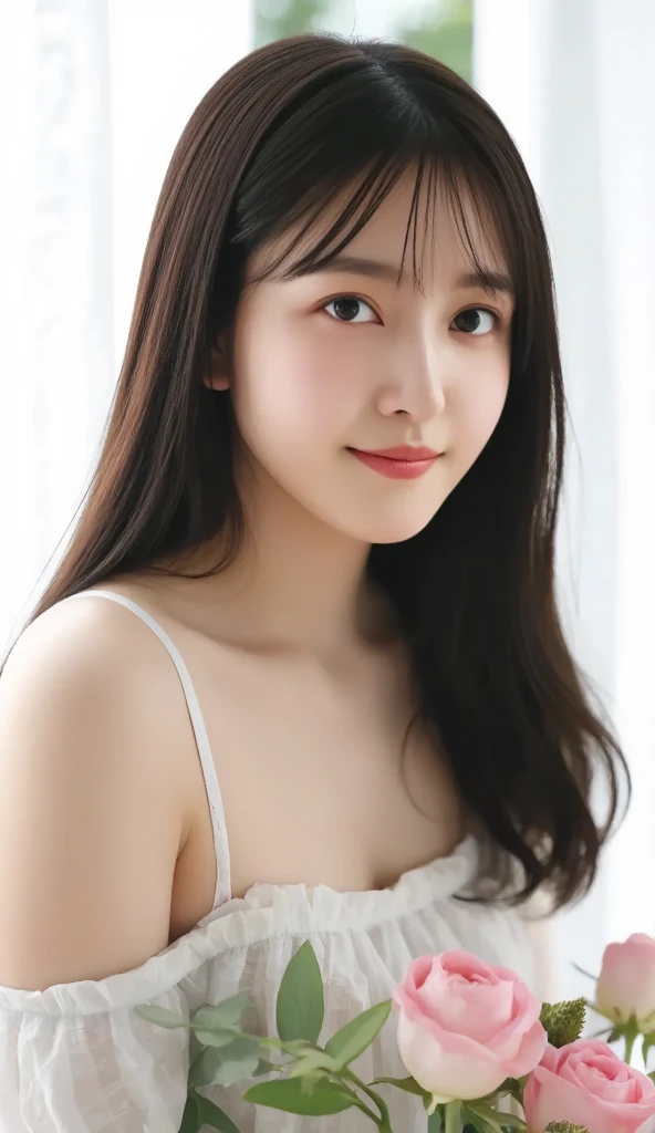 (((smile、Focus on the eyes:1.1、Extremely detailed:1.22、Ultra-high resolution、masterpiece:1.45、Highest quality)))、((((Whole body expression:1.68、camisole、Leaning forward、One person))))、long, straight black hair、So that every single hair is clearly visible、The subtle color changes of hair depending on how the light hits it、 Skin has a natural glow、Fine skin texture、Representing the fine details of pores:1.25、Details of the light redness on the forehead and cheeks、(((Eyes with fine iris details、The eyes depict color gradations and patterns.、Long, natural-looking eyelashes, each and every one visible、Well-groomed eyebrows、眉毛のindivual々The hair is clearly visible、Light reflecting off into the eye、The light in the eyes creates small highlights)))、The nose is delicate、Fine detail on the nostrils、Lips are plump and naturally pink、Depicts the fine lines and soft curves of the lips、lips are shiny and、The gloss on your lips accentuates their shape.、(((Detailed depiction of lip texture、Particular attention to the depiction of light and shadow、Soft natural light gently illuminates the face from the front、A faint glow on the forehead、A slight shine on the nose、A slight glow on the cheeks、Shadows are cast softly along the contours of the face、Accentuate the sides of your cheekbones、Accentuate the sides of the jawline、Emphasize the sides of the nose、The gloss on her lips reflects the light faintly、Lips emphasize the plump texture、The shadow of the hair gives depth and dimension、indivual々The hair shines in the light、