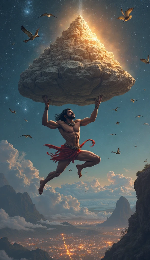 young man god of happiness his hair is black and the roots are white Scandinavian god of fun, 160 height, medium length hair black white, athletic build, sits on a cloud, below people drink beer and have fun, people look like Vikings