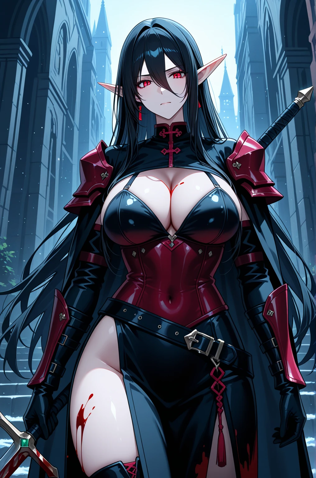 ((solo)), 1girl, ((curvy)), ((skindantation: 1.2)), perfect face, ((azur lane)), ((Red samurai armor)), ((skin-tight light pink leotard)), ((Red Kimono cloak: 1.3)), (ultra high leg cut: 1.2), ((samurai armor breastplate )), (gauntlet), ((black glossy hair long straight hair)), ((Compressed soft large breasts)), (thighs), ((tight thigh boots)), ((See-through black cleavage)), zettairyouiki, Perfect and beautiful blue eyes, Perfect hands, perfect fingers, Cat ears, (makeup: 0.8), (cameltoe: 0.8), cowboy shot, Holding a spear in hand, Ready your spear, ((UHD)), ((masterpiece)), ((hyperrealistic)), anatomically correct, accurate, high quality, extremely detailed,