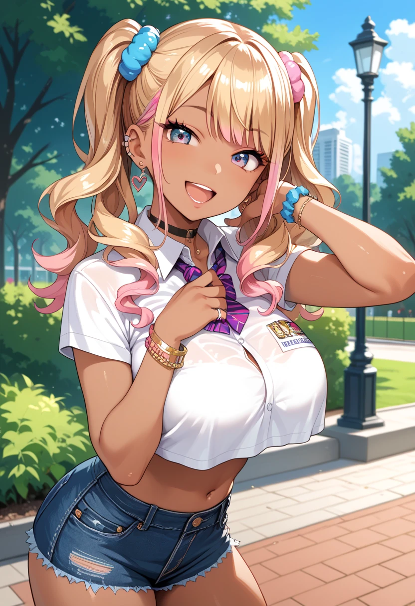 masterpiece, (best quality), 1woman,1girl ,1boy,,kawakami_mai,    blonde hair,  long hair, side ponytail,  purple eyes, sweater vest,  ,   skirt, large breasts,ribbon, hair ribbon, mole under eye,sexy woman, embarrassed,blush,    vibrant colors ,,natural lighting  ,RTX,  , beautiful, (detailed face:1.2), showcase, (perfect eyes:1.1) ,(photorealistic:1.1), 8k uhd,  looking at viewer, outdoors,  simple backround,big tits, ((cleavage:1.3)),((pink lace bra:1.5)), blush,(pov,closed shot:1.2)