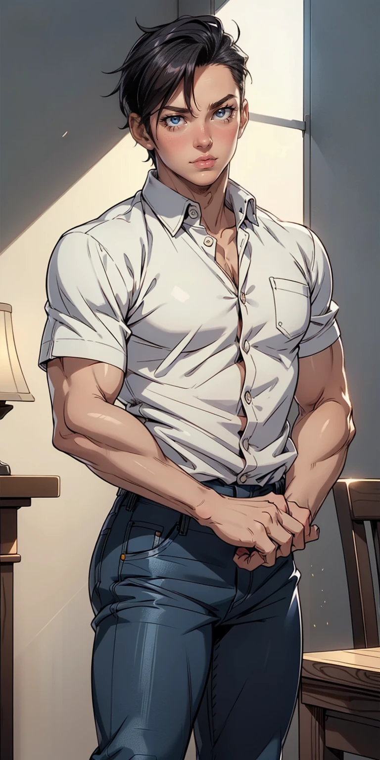 Male, standing,six pack, inside house, open shirt, jeans, black hair, black eyes, tall man, perfect eyes, perfect fingers, five fingers, masterpiece, ultra resolution,full image