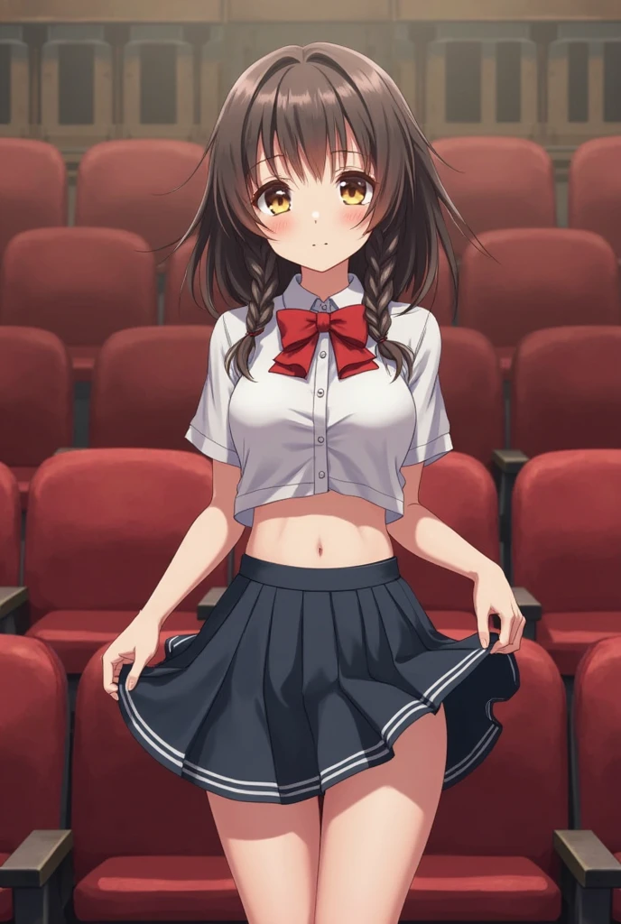 (realistic, photo realistic:1.2), ((highest quality)), beautiful face details, real human skin, pretty embarrassing, osaki amana, skirt, (white panties:1.1), (open shirt:1.2), under breasts, hair ornament, ribbon, hair ribbon, sleeveless, hairclip, midriff, vest, red ribbon, wrist cuffs, blue thighhighs, Cowboy Shot, sitting on speaker, knees raised, spread legs, Cute face, deadpan, Looking at Viewer, (on stage), (stage lights), (crowd, audience:1.3), from below