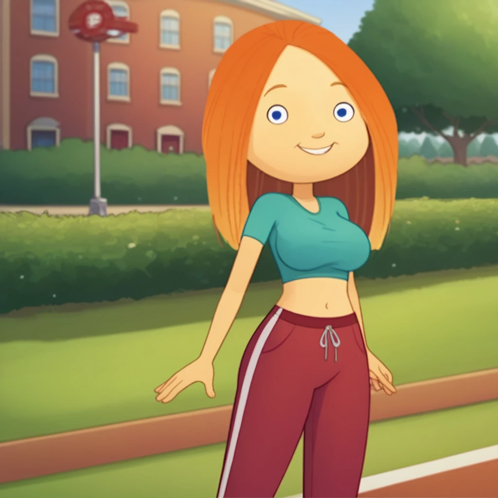 Cartoon 18 year old girl with big-boobs standing on the grass smile left hand wave in air right hand on hip, and bright blue/white eyes Camera shooting side view of people full body and pictrure