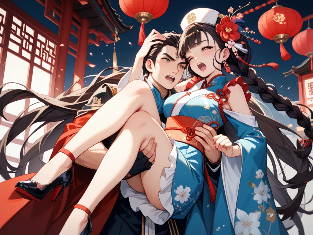 (((((roll up bandage sideways on a chest tightly to cover the chest without gaps))))), (((bandage samweways))),, ((Japanese Gangster BOSS)), adult woman with the dignified presence, Killing Qi, wear nothing around shoulder, wear nothing around neck, wear the kimono, wear it below the waist, (I wind it up to control it, and to attach it), ((kimono come off)) ,wear the kimono multiple times, Bare shoulders and the clavicle, black and gold kimono, put on over jacket of kimono, (holding a japanese sword which shine in purple, The handle of the sword is black, and the blade is gray, long sword), eye fire, low angle, whole body, anime character, Glaring, off sholder, nappropriate smile, Excellent, black blue hair, can see both shoulder, ((long kimono hem)), small face, ((big tattoo on the arm)), ((background Japanese gate with circlr mark)),muscular,drink sake,fullmoon in the sky, The kimono is spreading,(((ultra-detailed))),super beautiful,Masterpiece,Killing Qi,Intimidation,zoom up, a person,Selfish person,in japanese veranda,flower pattern