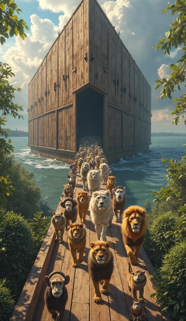 Animals entering the ark: Pairs of animals, such as lions, giraffes, elephants and birds, entering the ark.