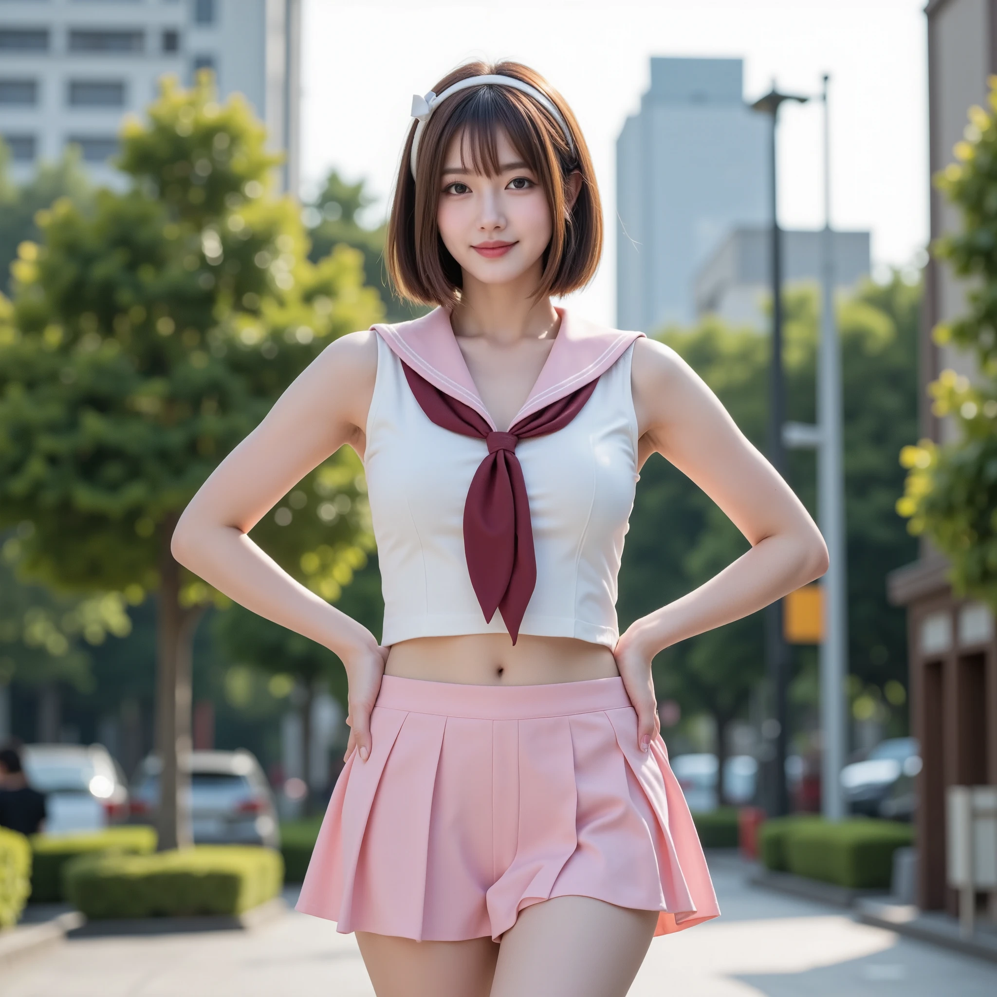 NSFW, (Highest quality), (Ultra-precise CG 16K wallpaper), (Realistic), (High saturation), (Sharp), Beautiful detailed shading, Beautiful natural lighting, Beautiful detail glow, Natural light, Depth of field, (Mature 24-year-old woman, One person), (Beautiful Japanese face with golden ratio), (Straight bob hairstyle with bangs), (Shiny brown hair), (Sparkling eyes), (C cup size breasts), (Cleavage), (Beautiful breasts), (Beautiful legs), (Beautiful skin), Beautiful proportions, (Late afternoon), (Woman is smiling with half-open mouth: 1.5), (The woman is looking at me), (Woman is wearing a white sleeveless cropped sailor uniform with a pink sailor collar and a wine red short scarf and a pink low-rise pleated mini skirt), (Wearing a hairband with a white ribbon), (Pose with hands on hips), (Park square), (Full screen image), (a shot of a woman from head to waist), (a frontal view of a woman from below), (a woman standing in a park square),