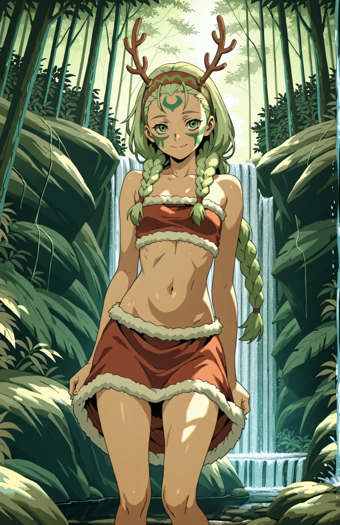 A woman with long green braided hair, fair skin, wearing animal furs, fur trimmed skirt, a headband with antlers, green face paint, bare midriff, bare legs, small smile, undressing, standing in a forest during the day next to a waterfall, natural lighting, alone, NSFW, in full view in a highly detailed anime style