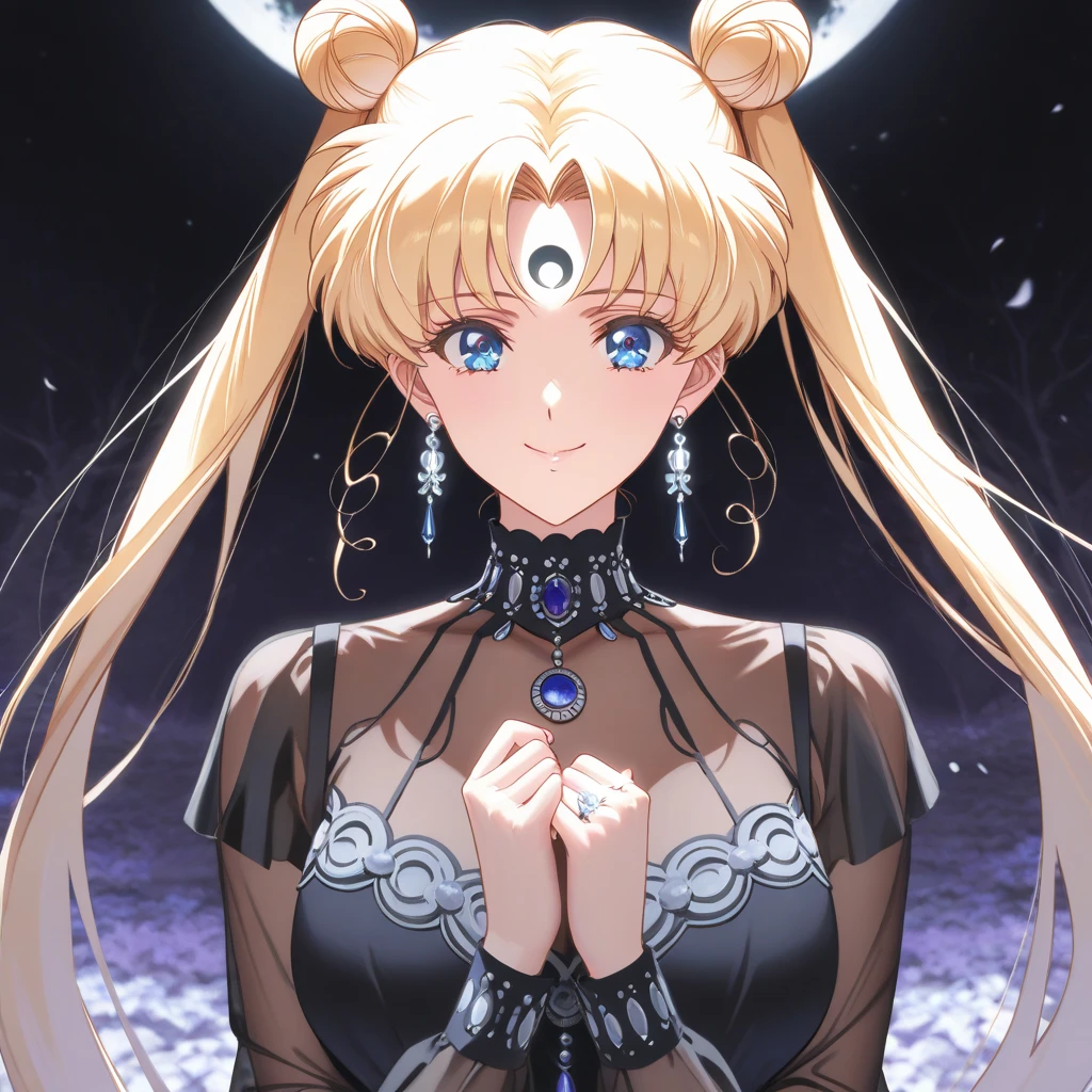 ((Highest quality)), ((masterpiece)), (detailed), (Perfect Face)、Black moon mark on forehead、The woman is the Dark Queen of the Black Moon of the Black Moon Clan, Black Serenity, and the woman is Princess Serenity.、The woman has a black inverted crescent moon mark on her forehead, is a bride wearing a black gorgeous Gothic Victorian wedding dress and a black wedding veil, and is a jet-black Princess Serenity with a happy expression looking at the camera.2The expression of a girl in love with her long hair tied up、Woman is Black Serenity