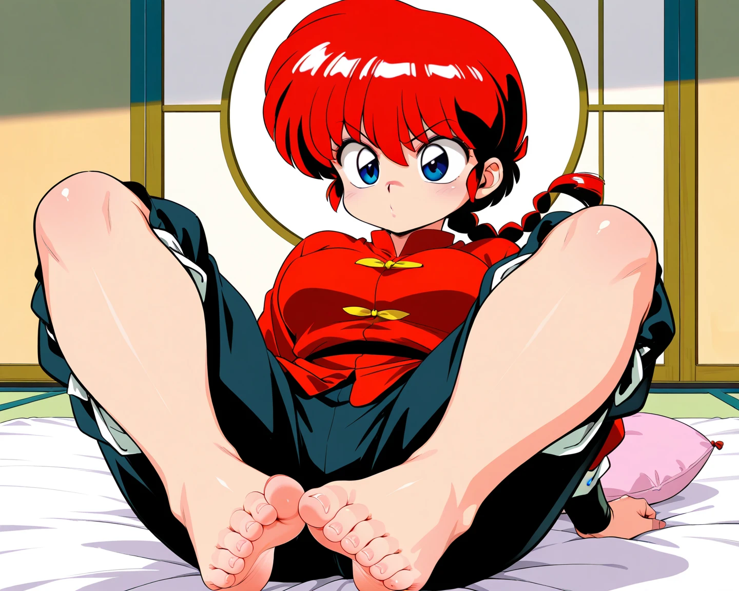 RanmaChan, cabello rojo, Cabello con trenza, ojos azules, ojos detallados, cuerpo completo, Rest on stomach, feet up (pose)