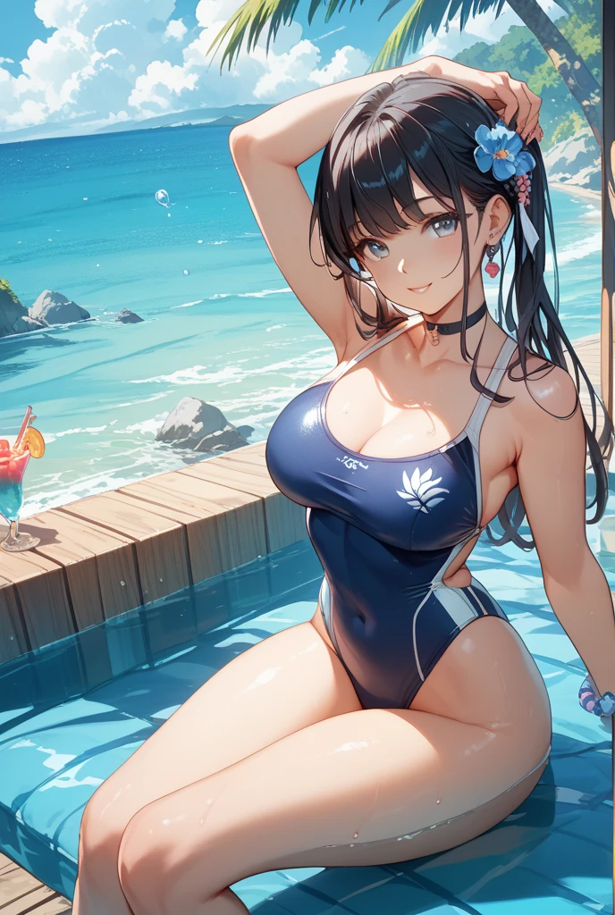 Highest quality,Highest Resolution,A crying beauty in a super high-cut swimsuit,Night Pool,Night view,whole body,up,Very beautiful eyes,(((Drink a drink))),(((Open your mouth and drool))),(((Sweat profusely)))Tears,Big Breasts,(((Tback)))