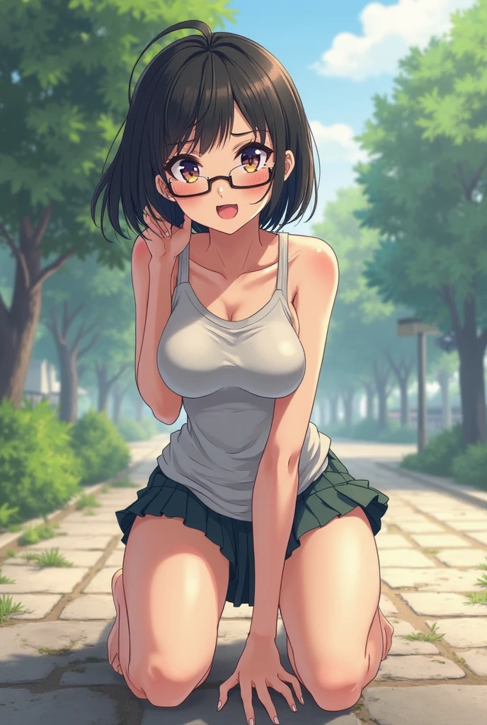 Completely naked Small breasts Transparent nipples Pale pink nipples Short bob at ear height Even bangs Black Hair Straight Hair Tilt your head Large square black-rimmed glasses Gentle Eyes smile Embarrassed Feverish face Blushing Red nose Blush all over face Outdoor field forest From the thigh up