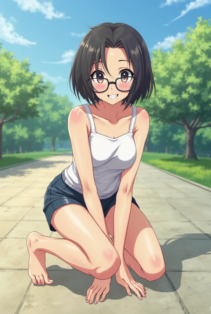 16 years old Completely naked Small breasts Transparent nipples Pale pink nipples Medium bob Even bangs Black Hair Straight Hair Tilt your head Large square black-rimmed glasses Gentle Eyes smile Embarrassed Feverish face Blushing Red nose Blush all over face Outdoor field forest From the thigh up