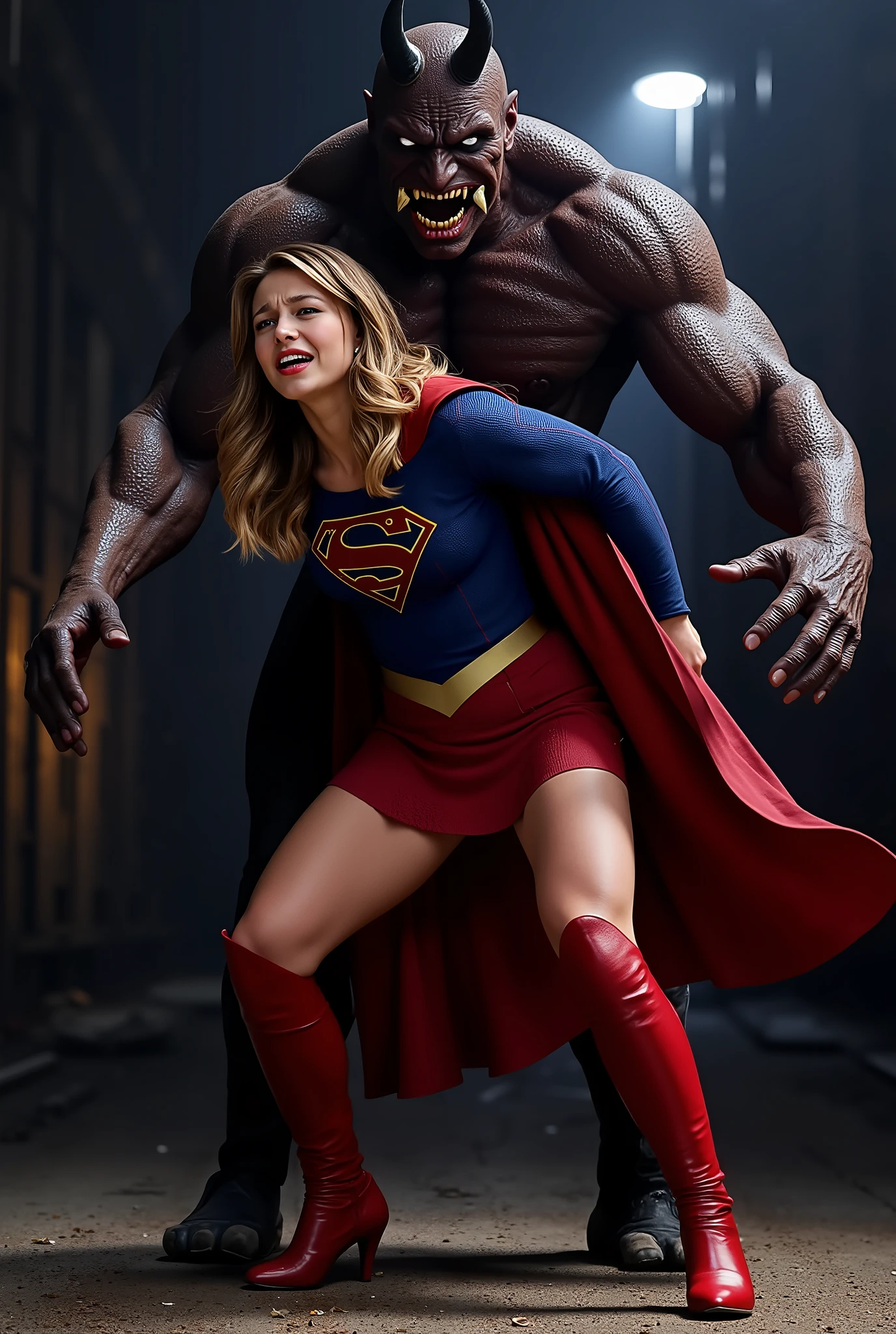 Melissa Benoist as Supergirl, she is screaming in pain, arms behind her back, try to resist, wearing a Supergirl costume, blue shirt and very short skirt, red high boots, she is harassed from behind by a huge body devil, A fierce devil is holding her arms tightly from behind, he bite her neck, whole body from head to feet are visible, in the factory, night time, bright spot lighting,