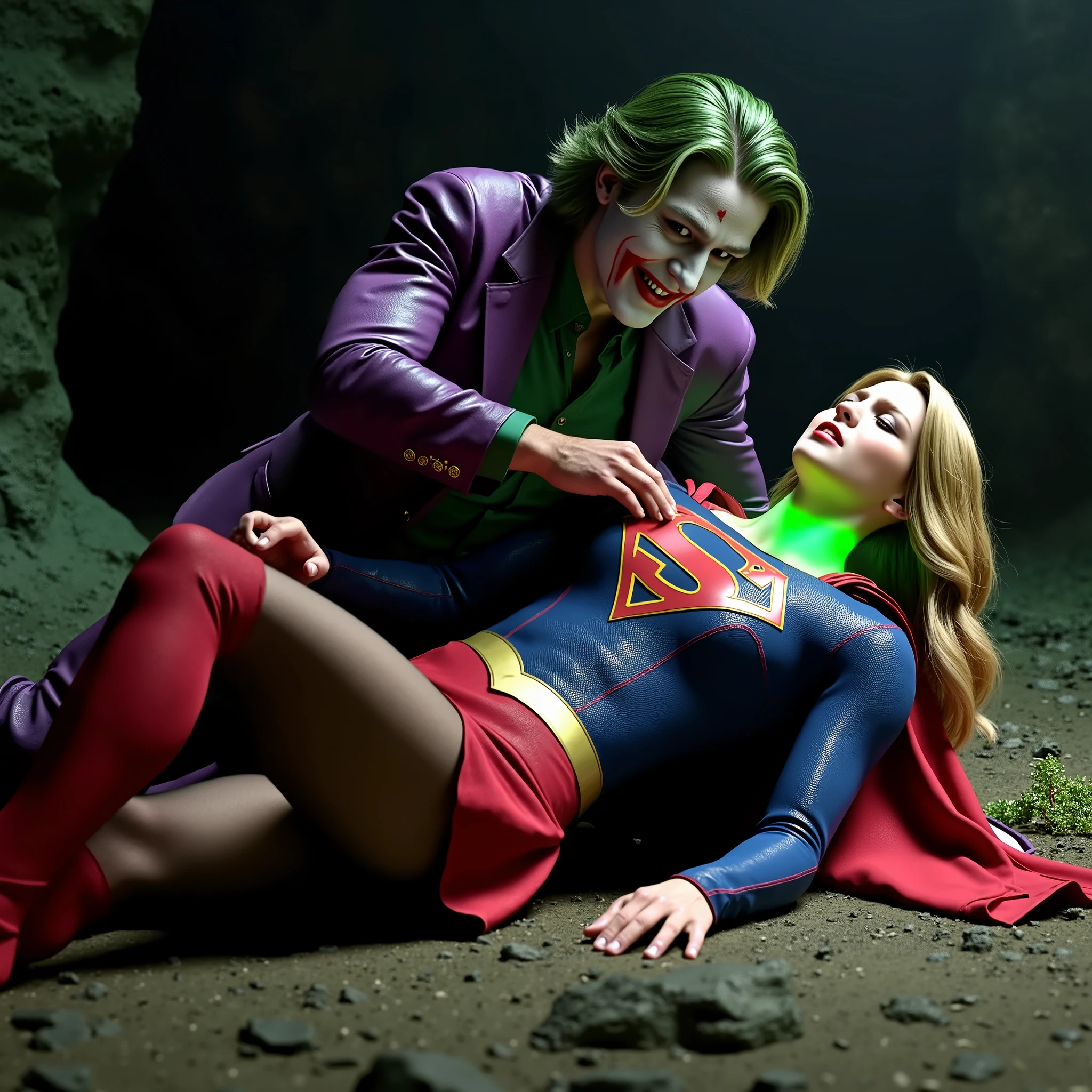 Supergirl is lying flat on Joker's lap, very bright white skin, can see whole body, a green lighting collar on her neck, She is wearing a thin black pantyhose, very short red skirt, flipped up skirt, red knee height long boots, blonde hair, unconsciousness, eyes close, painful face, screaming in pain, nervous, Joker is to Supergirl body, he is , he pull her skirt to open, he touch her leg, photorealistic, hyperrealism, night time, underground cave,