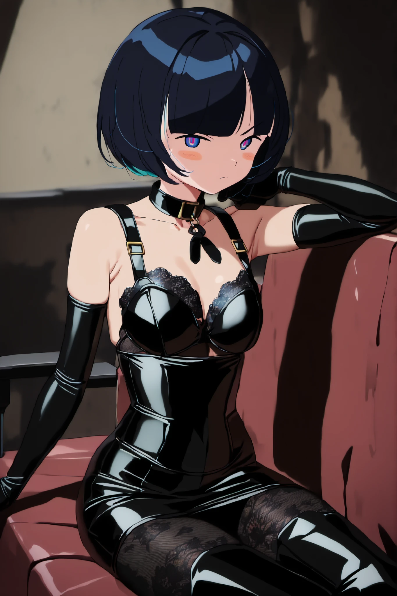 (((short)))、((( body type)))、(((small bust)))、(((sitting cross leged)))、spread legs、BDSM、Queen、mistress、(((girl)))、(((solo:1.8)))、(((black latex elbow gloves:1.4)))、(((black latex corset dress:1.4)))、(((corset dress is decorated with beautiful lace)))、(((Corset Dress with Shoulder Straps)))、(((black latex tight miniskirt:1.4)))、(((Black Thigh-High Boots:1.4)))、(((Black rubber tights:1.tiletto heel boots:1.tiletto Heels:1.4)))、(((black latex high leg panties)))、(((Black latex bra)))、(((Black leather collar)))、(((sexy pose:1.4 )))、wide thigh opening:1.2、(((erotic)))、(((Cowboy Shot)))、close-up、(((puts his hands on his lower back)))、Beautiful Eyes with Highlights、Completely Bound、Two anatomically perfect arms、Two anatomically perfect legs、(perfect 4 fingers and 1 thumb)、high resolution, Ultra Details,very aesthetic,Top Quality 5 Fingers,BREAK,anime colo ring ,
1 girl,solo,Guckoo's 4, blue eyes,(((No whites of the eyes:1.3))),black hair,black short hair, Flowing Left Bangs,  7 left right 3 divided bangs,short hair, mushroom cut with long fuchsia sleeves,Lowered eyebrow,
viewers looking straight up,expressionless:1.3,blush:1.4