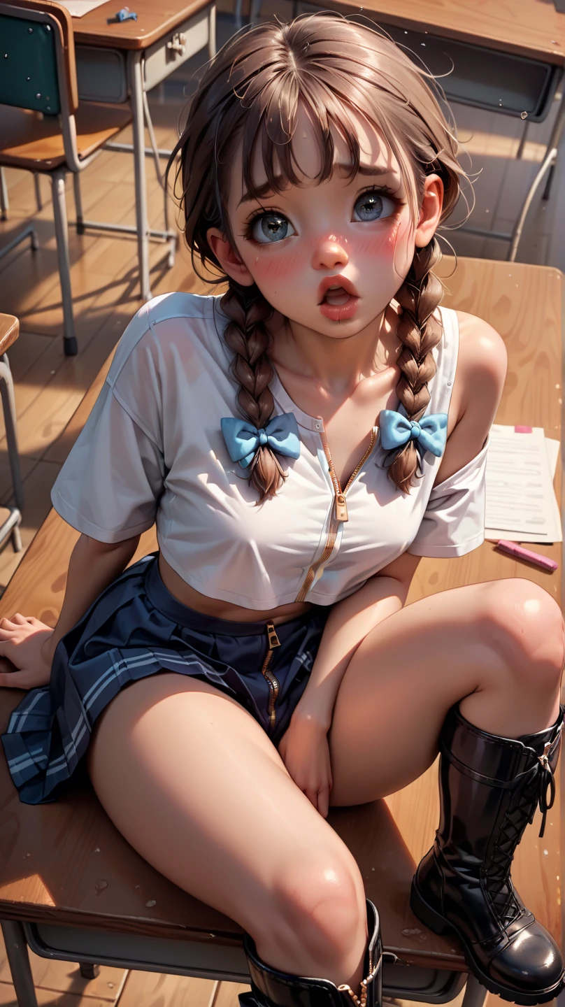 (full figure:1.1), (1 girl as yukino yukinoshita:1.5), highres, solo, big breasts, waist long black hair, (twintails:0.5), (pleated school miniskirt:1.5), (black knee socks:1.5), (loose red ribbon:1.2), (cotton skirt:1.5), (unbuttoned white shirt:1.4), (ahegao:1.5), green eyes, (rolling eyes:1.5), (torn clothes:1.5), (naked breasts:1.5), spread legs, (squatting:1.1), legs wide open, (drugged:1.5), breastapart, (suddenly surprised by an unexpected orgasm stretching her limbs like a cat:1.5)