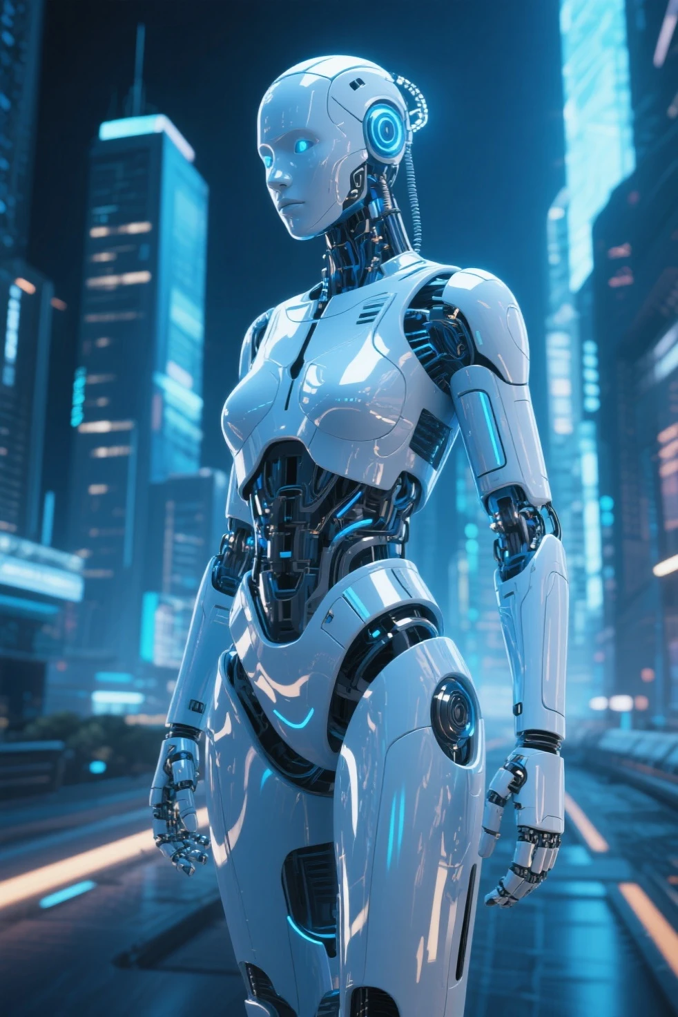 Create a futuristic robot with water veins bright white eyes made of glass steel body scenery a stunning view a futuristic building