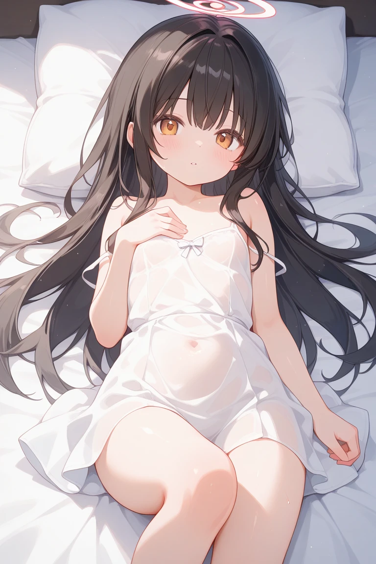 16k,1girl,12歳,very cute,black hair,twintail,(((thin twintail))),long hair,black eyes,bra,panties, red satchel with back straps,small breast,white background,blush,:o,lying on back,bed , ((nipple slip from t-shirt,clothed)),(((nipple focus))),pov,from front,(nsfw),beautiful face,beautiful eyes,detailed eyes 