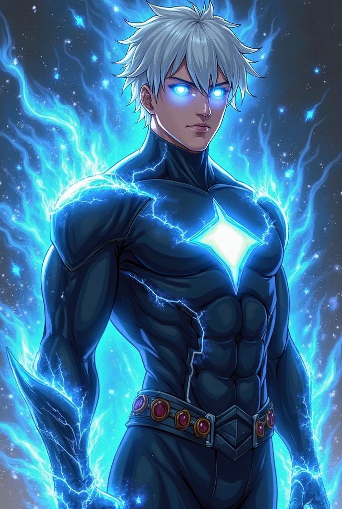 8k, complex, elegant, highly detailed, majestic, digital photography, surrealist painting, beating magic, winding lightning, (masterpiece, side light, fine beautiful eyes: 1.2), HDR, (glowing blue eyes)), naked upper body, (glowing tattoo), handsome boy, white hair, muscles, black skin, demon horn, raining, handsome, facing the camera, masterpiece