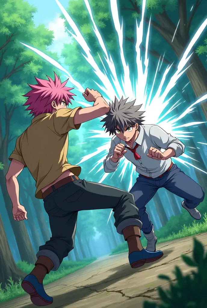 2 adult character anime man with pink hair and beige eyes wearing a brown shirt and black pants in a forest generating sharp bones annoying and white blades fighting