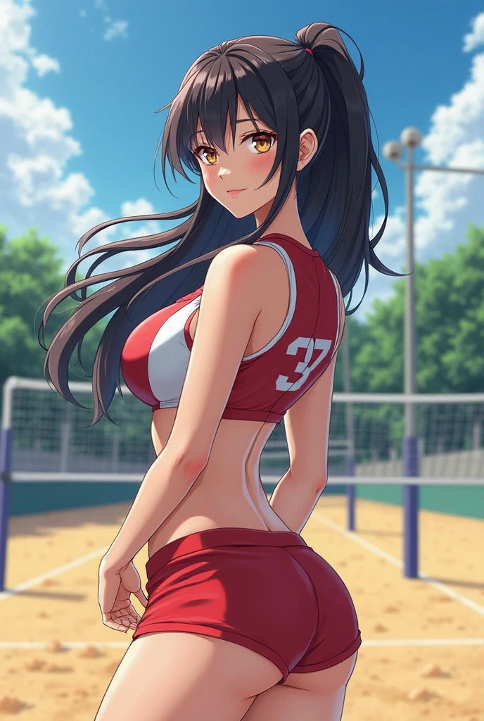Hot Anime girl with shiney volley ball shorts shirt sitting on ground big hips