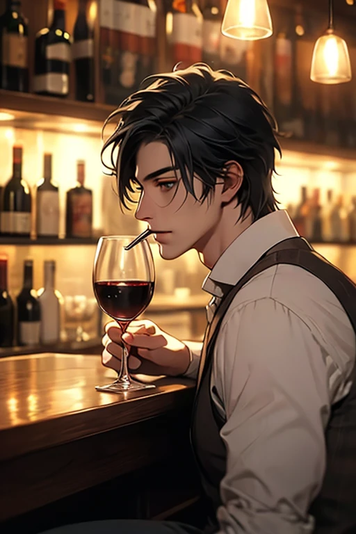A 20-year-old boy dressed in casual clothes with short black hair clapped his hand on the wine table,Emotional,Inside the bar,grand master,tmasterpiece,8k wallpaper,CG,Ultra-high image quality,light and shadow effect
