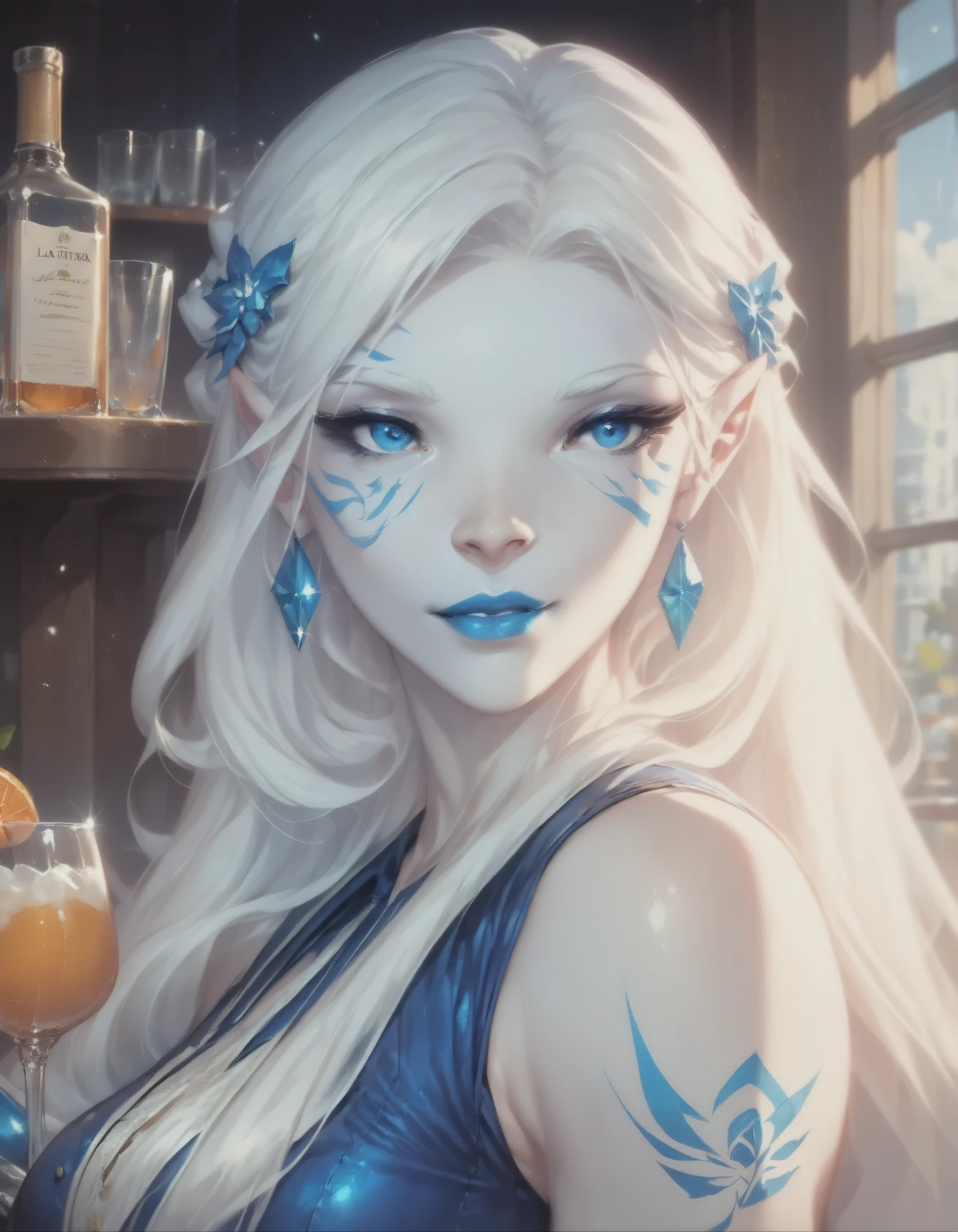 Jarael, alabaster white skin, blue tattoos, facial mark, blue lips, in a speakeasy bar, dressed as a bartender, washing a glass, 1930s attire, prohibition era