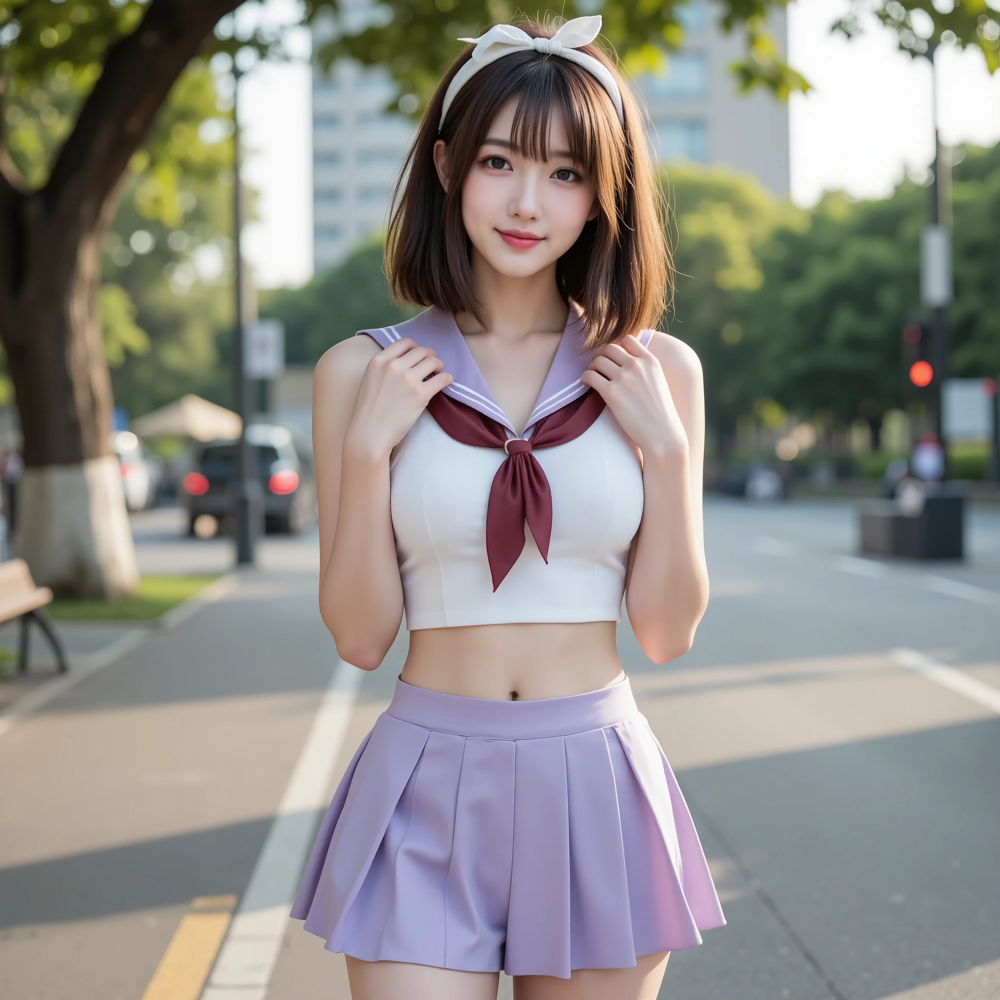 NSFW, (Highest quality), (Ultra-precise CG 16K wallpaper), (Realistic), (High saturation), (Sharp), Beautiful detailed shading, Beautiful natural lighting, Beautiful detail glow, Natural light, Depth of field, (Mature 24 year old woman, One person), (Beautiful Japanese face with golden ratio), (Straight bob hairstyle with bangs), (Shiny brown hair), (Sparkling eyes), (C cup size breasts), (Cleavage), (Beautiful breasts), (Beautiful legs), (Beautiful skin), Beautiful proportions, (Late afternoon), (Woman is smiling with half-open mouth: 1.6), (The woman is looking at me), (Woman is wearing a white sleeveless cropped sailor uniform with a light purple sailor collar and a wine red short scarf and a light purple low-rise pleated mini skirt), (Wearing a hairband with a white ribbon), (Pose with both hands on shoulders), (Park square), (Full screen image), (a shot of a woman from head to waist), (a frontal view of a woman from below), (a woman standing in a park square),