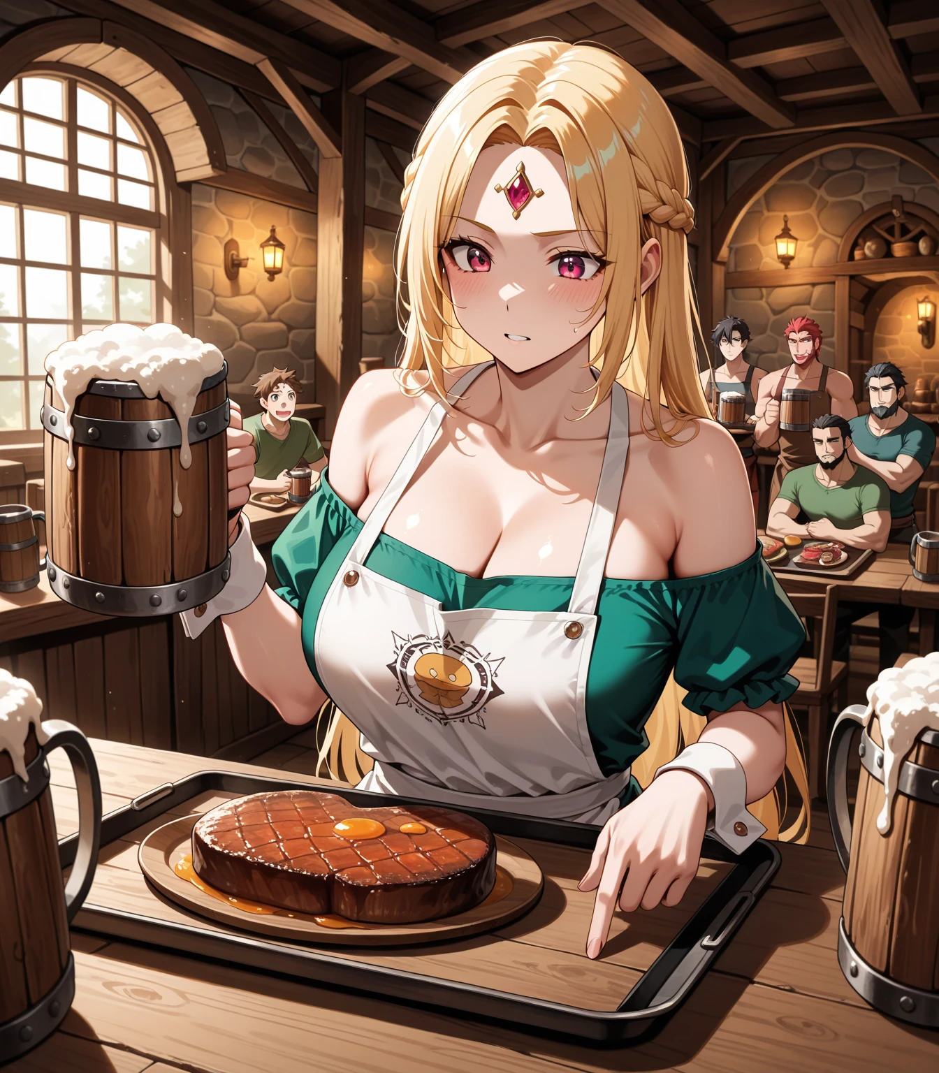 a woman in a red dress, sitting at a bar, two orc men, undressing her dress, showing boobs, trying to cover , pressing  together, beautiful detailed eyes, beautiful detailed lips, extremely detailed eyes and face, long eyelashes, detailed facial features, detailed clothing, detailed background, female surrounded by orcs, in a pub, tavern setting, concept art, fantasy, world of warcraft, warcraft style, pixiv, safe for work, high quality, detailed, photorealistic, 4k, masterpiece, blushing