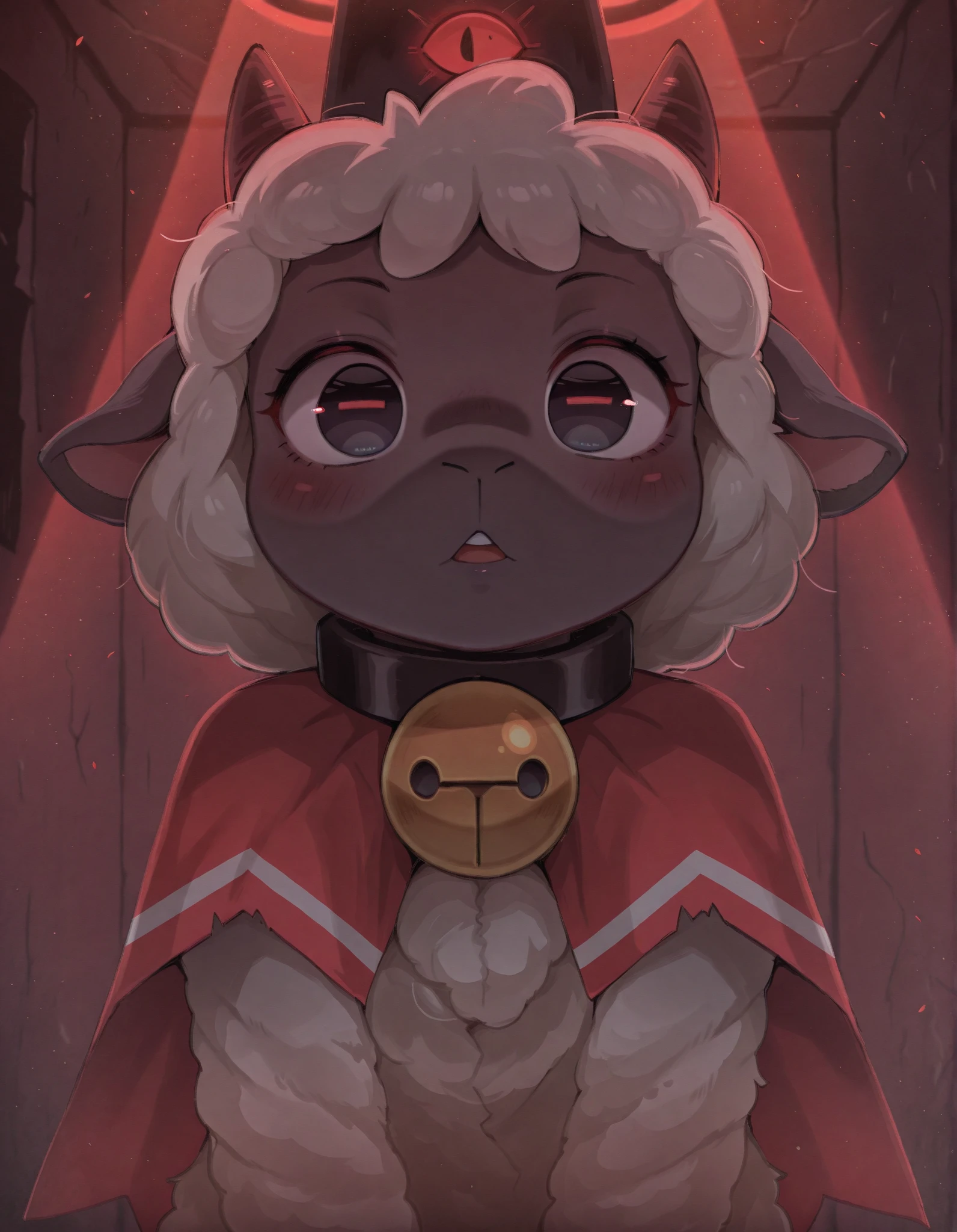 dagasistyle,, 1girl,solo, cult of the lamb, sheep girl, collar, horizontal pupils, red/black eyes, red crown,, gobo lighting, shadows,, REMEMX,, masterpiece, best quality, very aesthetic,,