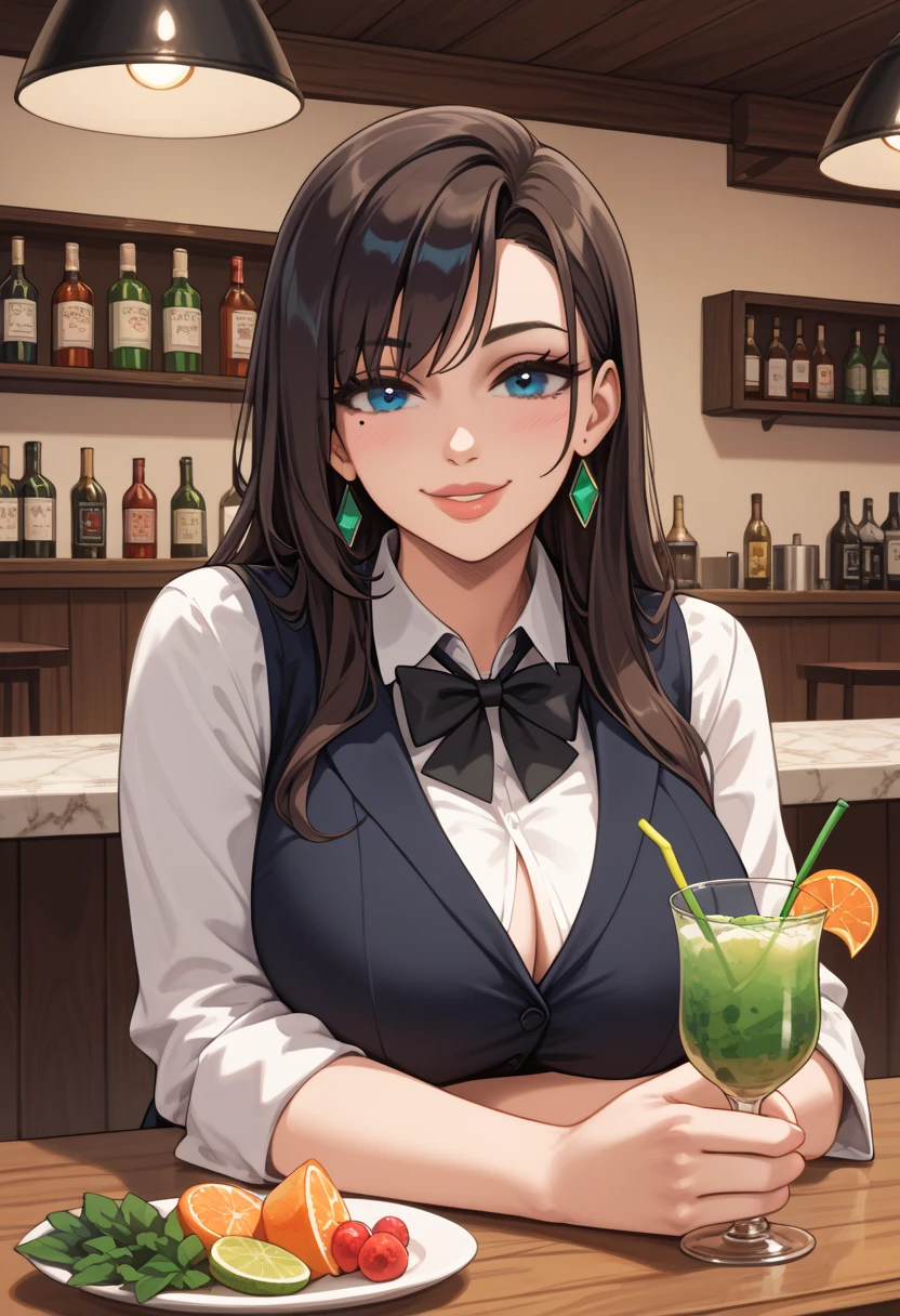 best quality, 4k, high resolution, masterpiece:1.2, extremely detailed), sad expression looking at the camera, Large Breasts, 30 years old girl, solo, black hair, long hair, blue eyes, (drunk, blush), sitting, drinking, ((Mature sexy body)), Black stockings, Black tight skirt, Mature sexy body, holding mug, counter, bar, (Stylish bar) indoors, ((Cocktail glass) full of colorful liquor), (Dimly lit room), Wine bottle, Detailed background, Fluffy hair, ((((Night background))))), (((In the bar))), Wine, Whiskey, Highball, (Shiny glow, Effect:1.2)