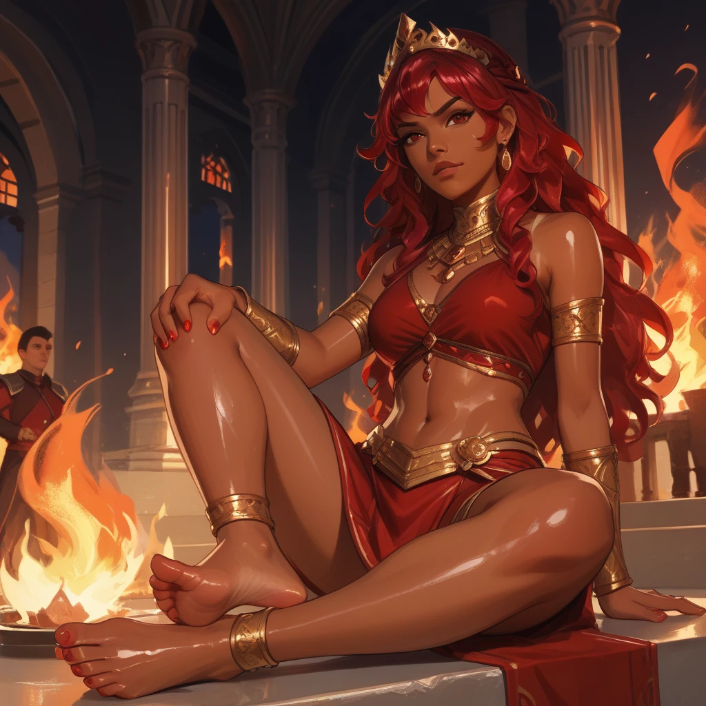 Sunsethuman, Sunset Shimmer, Sunset Shimmer from my little pony, Sunset Shimmer in the form of a girl, medium breasts, lush breasts, voluminous breasts, firm breasts, five fingers, detailed hands, two tones of hair, red and yellow hair, happy face, blush, sweat, wet with sweat, bare feet, full-length, naked, golden bikini, oriental outfit, belly dance, rich palace, throne, throne room, dances, transparent silk silk, (clear clothing, transparent cloth, see-through material), (((cameltoe))), (red hair, freckles, huge breasts, nearly naked), blend of Natalie Dormer and Gal Gadot, detailed castle background, 20 yo,