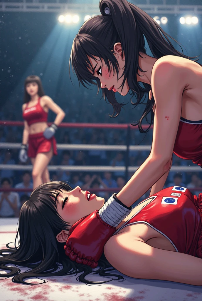 Boxing in the ring。Dynamic punch。Two Japanese female boxers covered in bruises。Sweating a lot。One eye closed, out of breath。Drooling。Boxing gloves。Sports Bra。High leg shorts。