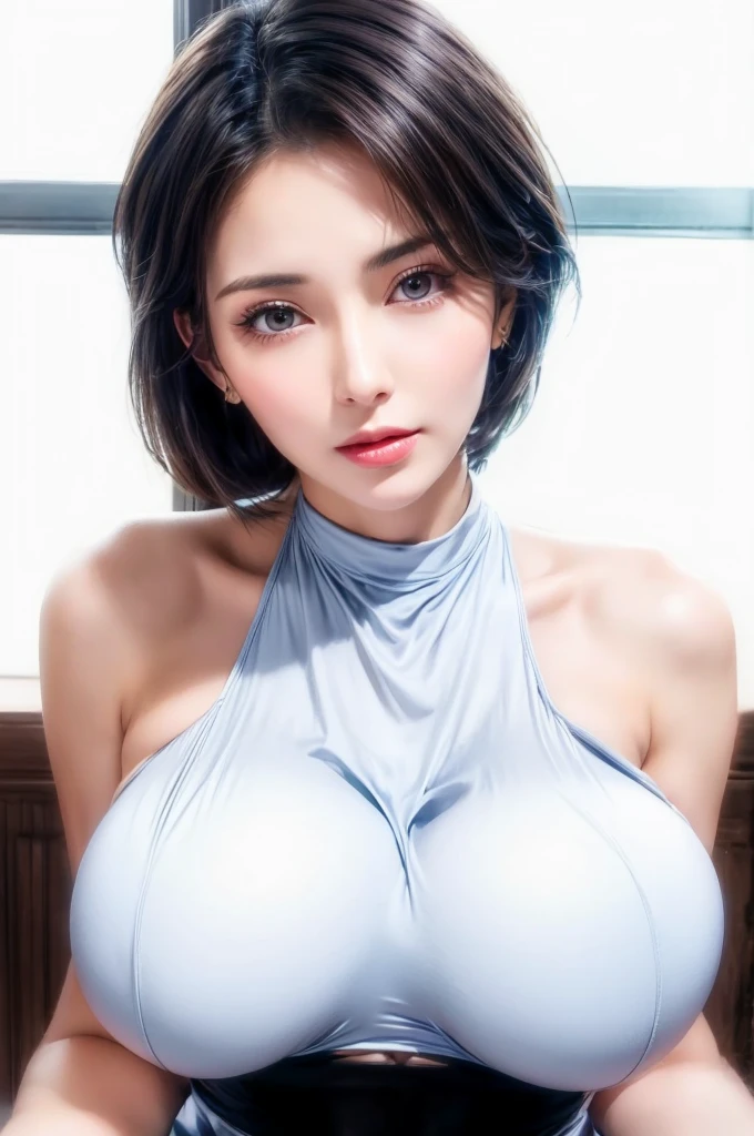 (high-level image quality、high-detail、hightquality、hight resolution、Draw everything in high resolution)、Intense crystal light blue eyes、Very small diamond-shaped earrings、Gaze firmly into the camera、Put your ears out、Smiling very happily、Very beautiful teeth、Very beautiful tooth alignment、Beautiful very short black hair、Beautiful very short beautiful hair with bangs、Straight Beauty Bangs、beautiful decollete、Beautiful and cute 28 years old、lipgloss、long neck、Happy smile、Beautiful teeth alignment、Beautie、Pretty Woman、Very white business shirt with open collar:1.1、Very white business shirt with open chest:1.5、lengthen the left and right ends of the bangs、Beautiful composition、tall supermodel、Supermodel with broad shoulders、Beautiful cleavage、Slightly bigger eyes