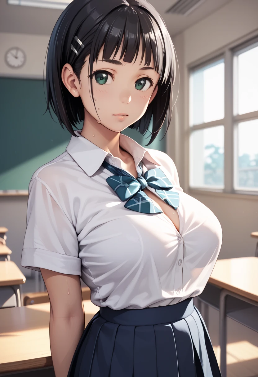 1girl, teacher, solo, sharp nose, reddish mouth, blush, eye-catching lips, shonen style, (green eyes | blue eyes), wide eyes, cute look, neon lighting:0.3, scenery classroom, sitting at the table, (cowboy shot), (underboob:1.2), short hair, black hair, bangs, pixie cut, ahoge, black short skirt, ((teacher uniform)), (thin face), ((sharp focus)), (((masterpiece))), (detailed clothing:1.3), (detailed body:1.2), ((perfect face)), ((perfect nose)), ((perfect eyes)),Cleavage cutout,